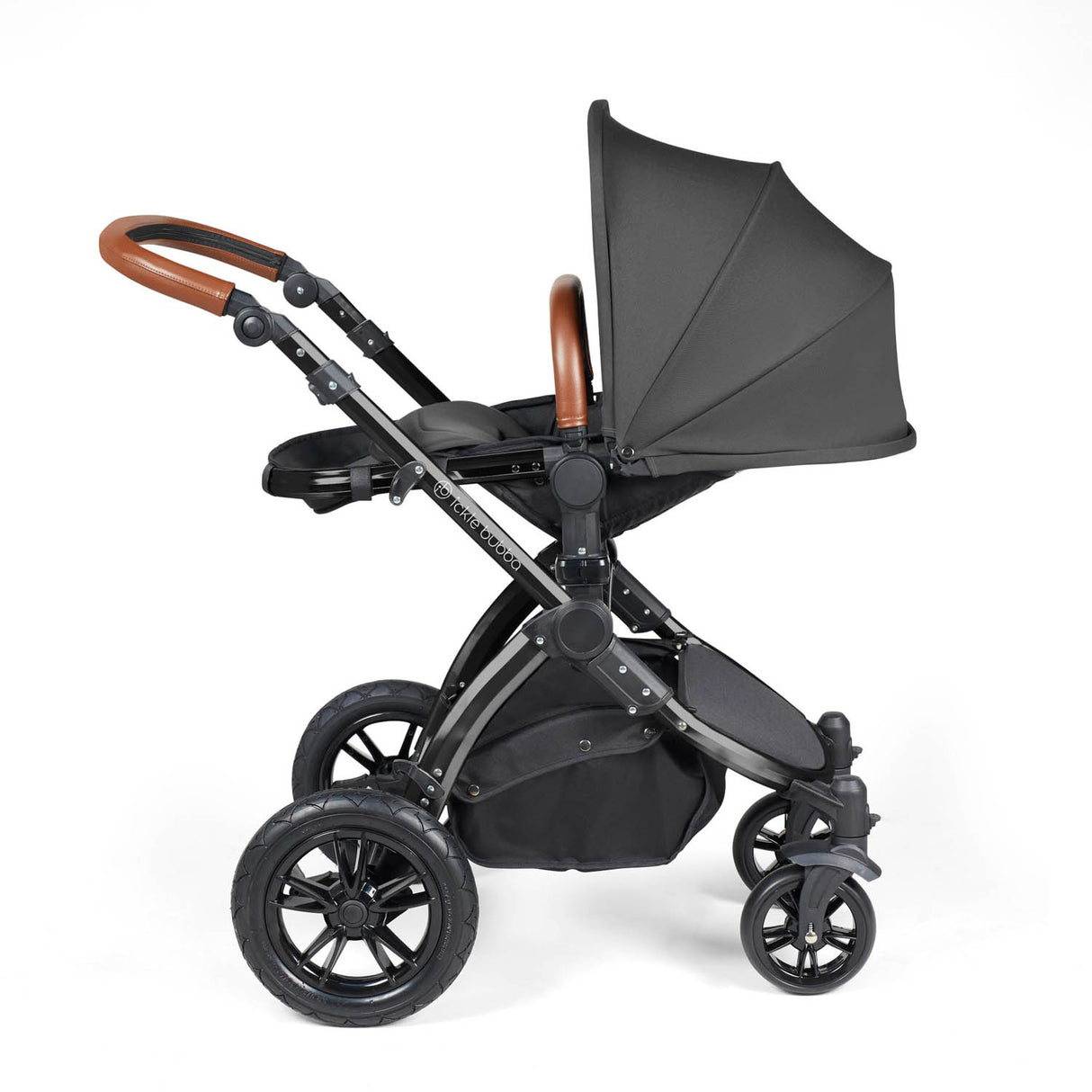 Ickle Bubba Stomp Luxe 12 Piece Travel System with i-Size Nimbus Car Seat & Spin Base - Black/Charcoal Grey/Tan