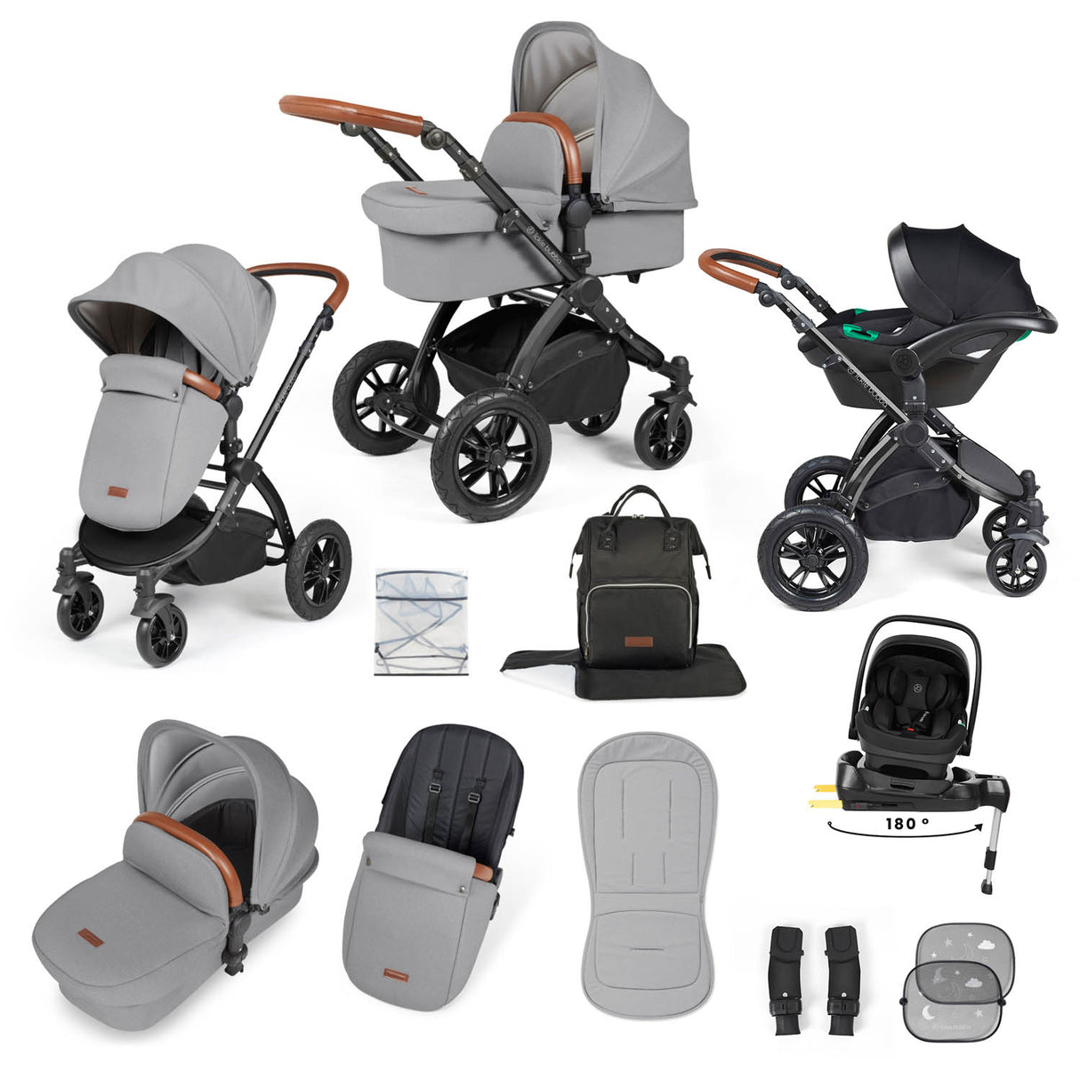 Ickle Bubba Stomp Luxe 12 Piece Travel System with i-Size Nimbus Car Seat & Spin Base - Black/Pearl Grey/Tan