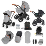 Ickle Bubba Stomp Luxe 12 Piece Travel System with i-Size Nimbus Car Seat & Spin Base - Black/Pearl Grey/Tan