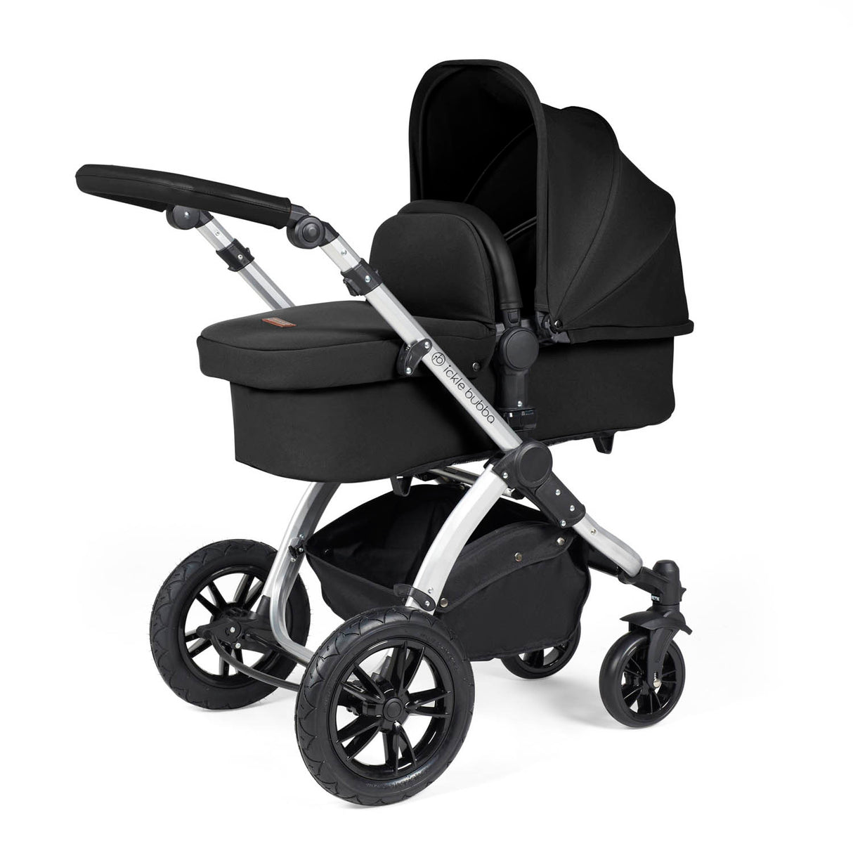 Ickle Bubba Stomp Luxe 12 Piece Travel System with i-Size Nimbus Car Seat & Spin Base - Silver/Midnight/Black