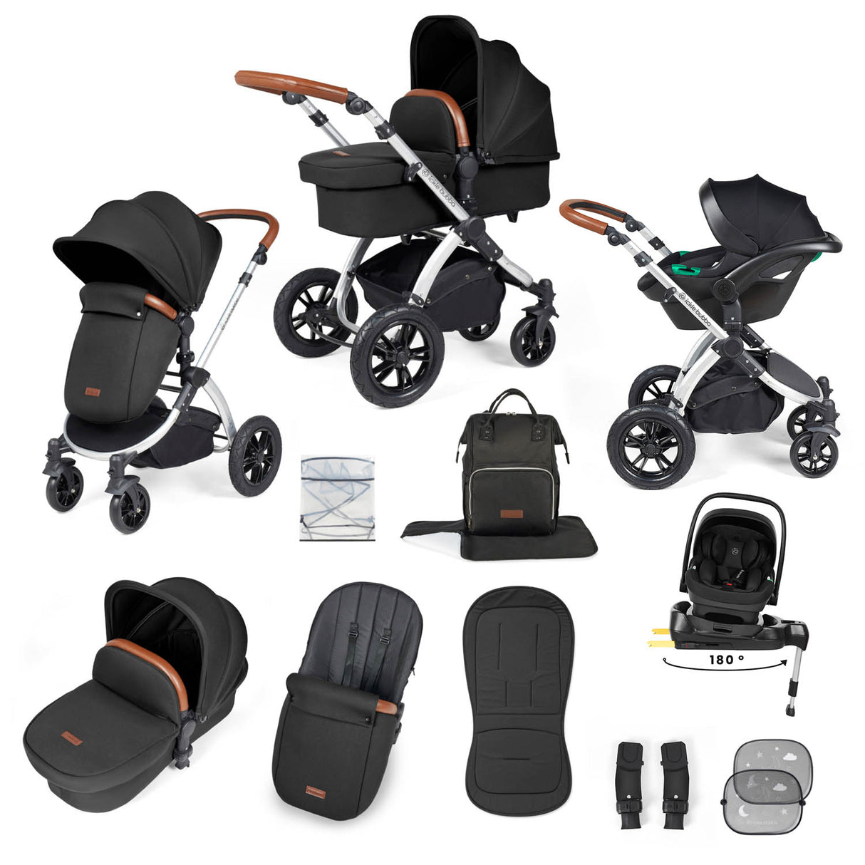 Ickle Bubba Stomp Luxe 12 Piece Travel System with i-Size Nimbus Car Seat & Spin Base - Silver/Midnight/Tan