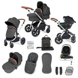 Ickle Bubba Stomp Luxe 12 Piece Travel System with i-Size Nimbus Car Seat & Spin Base - Silver/Charcoal Grey/Tan