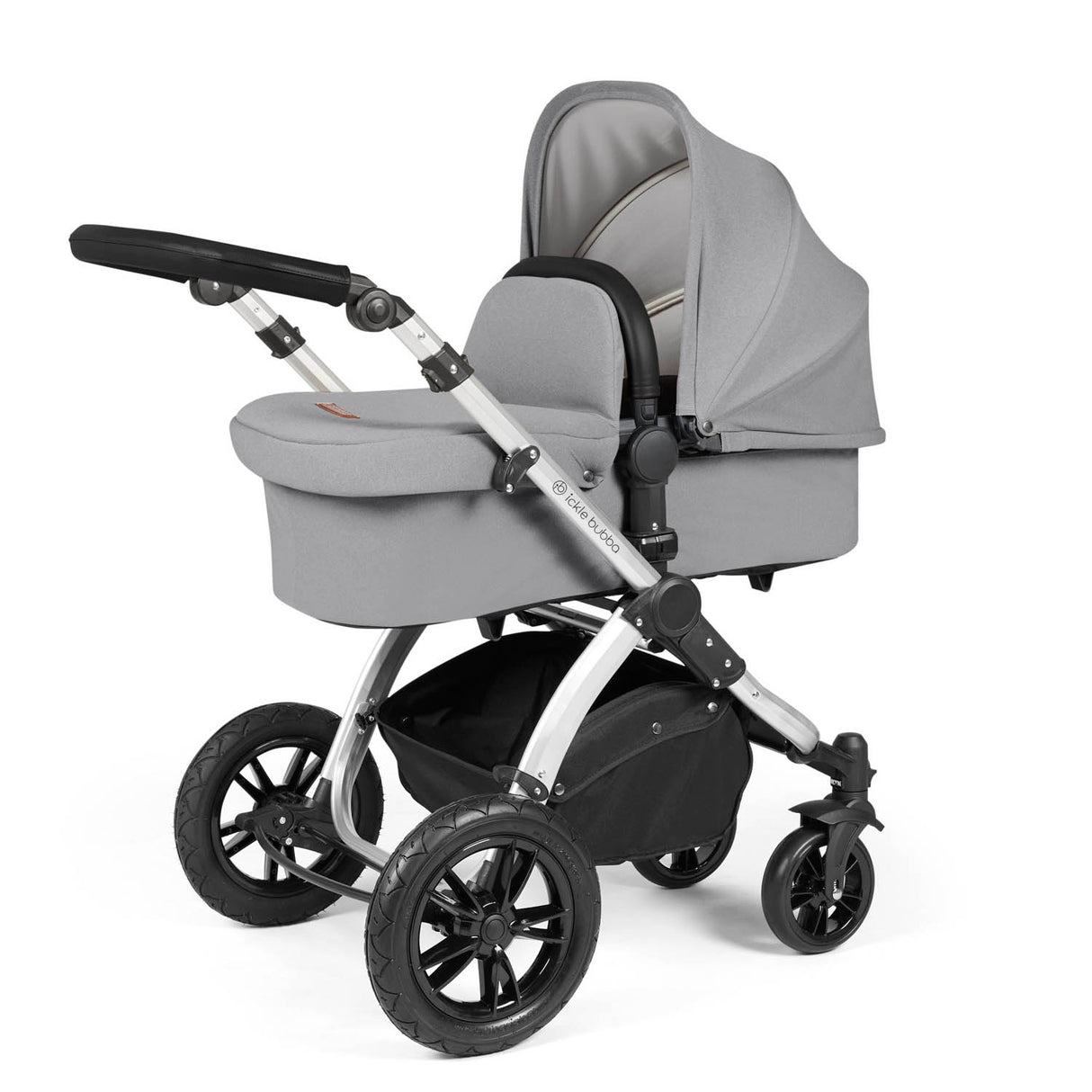 Ickle Bubba Stomp Luxe 12 Piece Travel System with i-Size Nimbus Car Seat & Spin Base - Silver/Pearl Grey/Black
