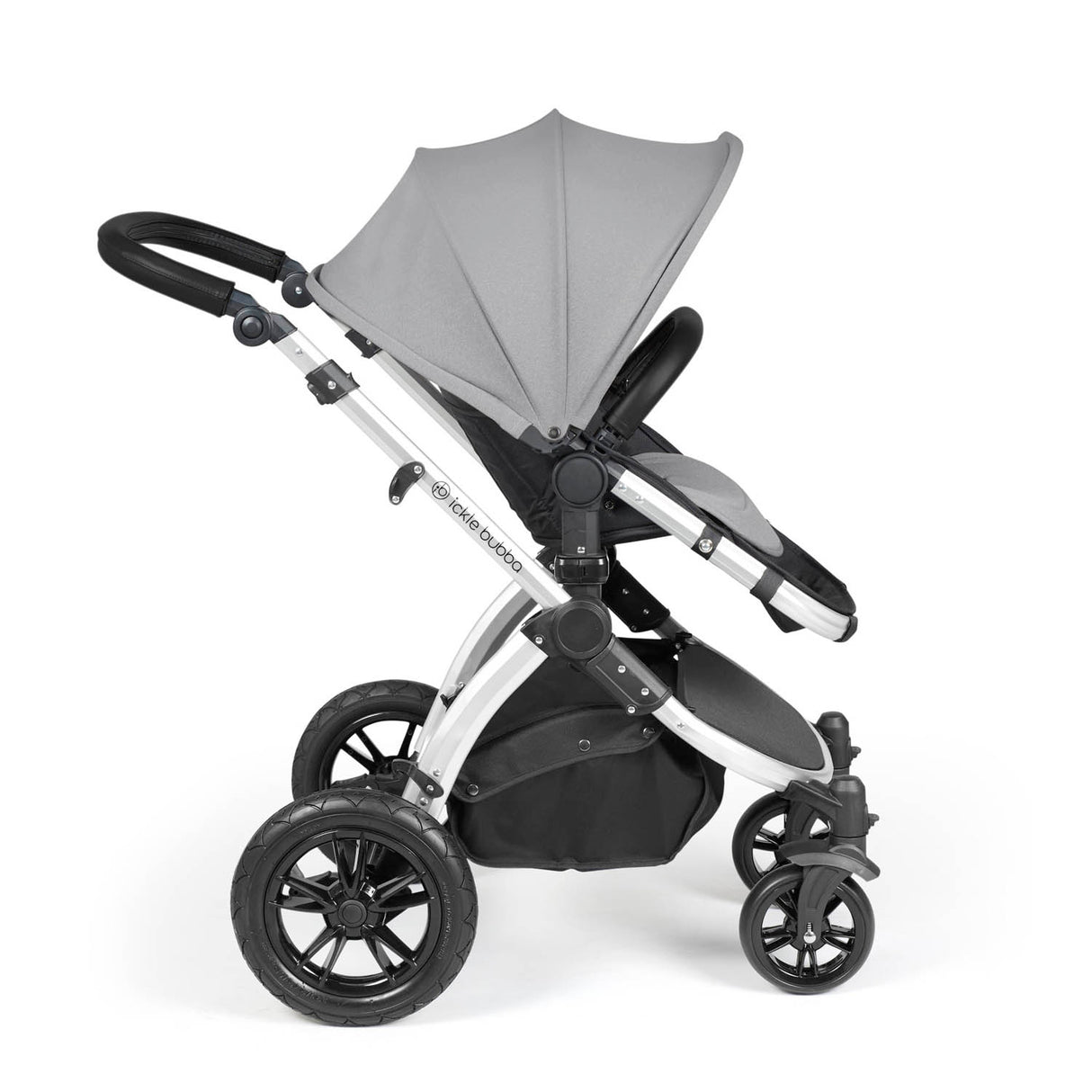 Ickle Bubba Stomp Luxe 12 Piece Travel System with i-Size Nimbus Car Seat & Spin Base - Silver/Pearl Grey/Black
