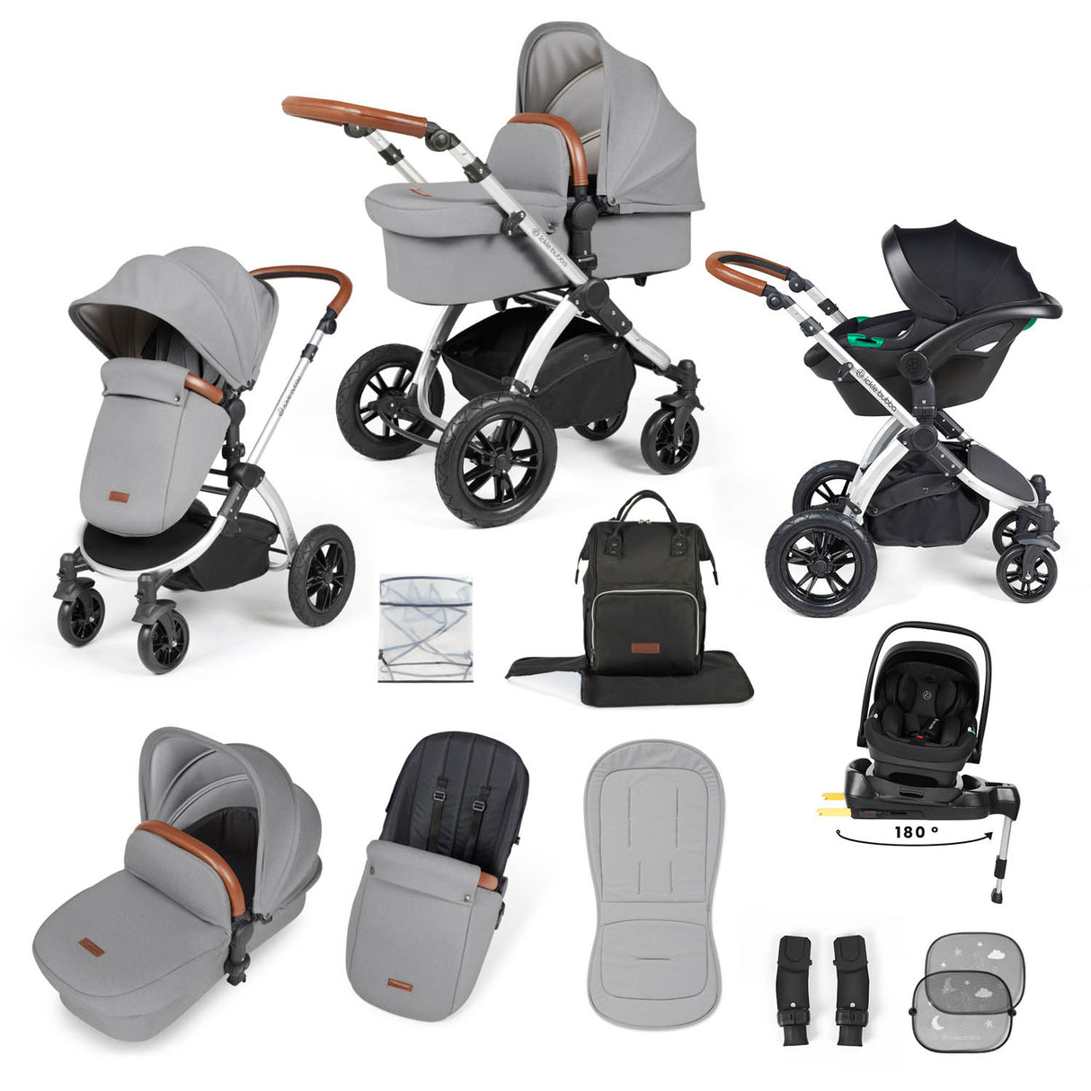 Ickle Bubba Stomp Luxe 12 Piece Travel System with i-Size Nimbus Car Seat & Spin Base - Silver/Pearl Grey/Tan