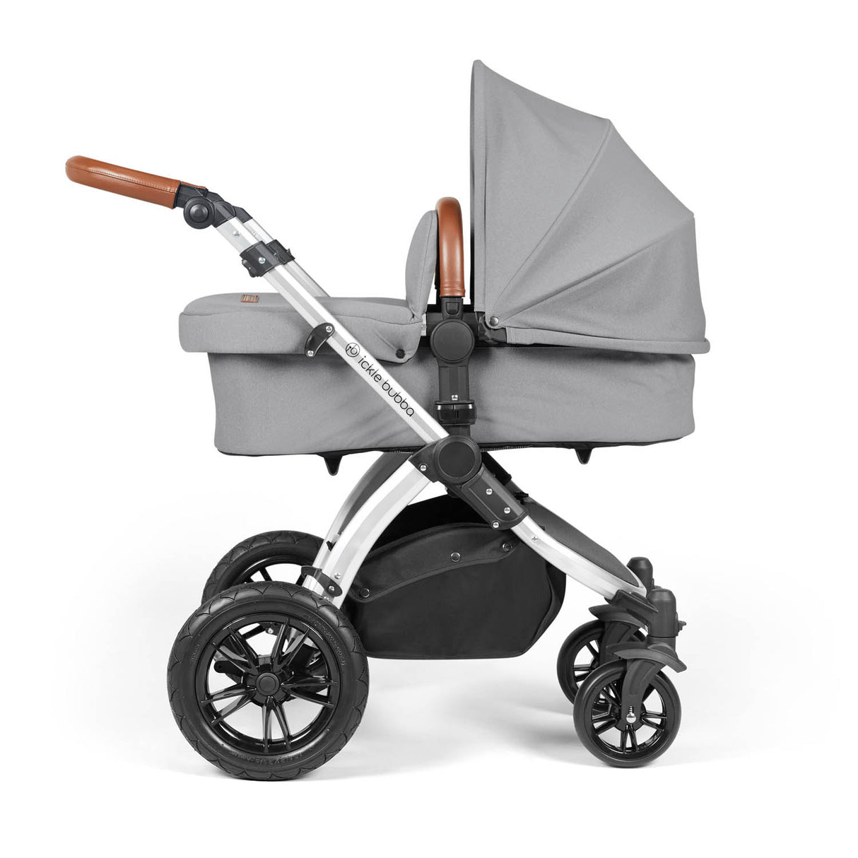 Ickle Bubba Stomp Luxe 12 Piece Travel System with i-Size Nimbus Car Seat & Spin Base - Silver/Pearl Grey/Tan