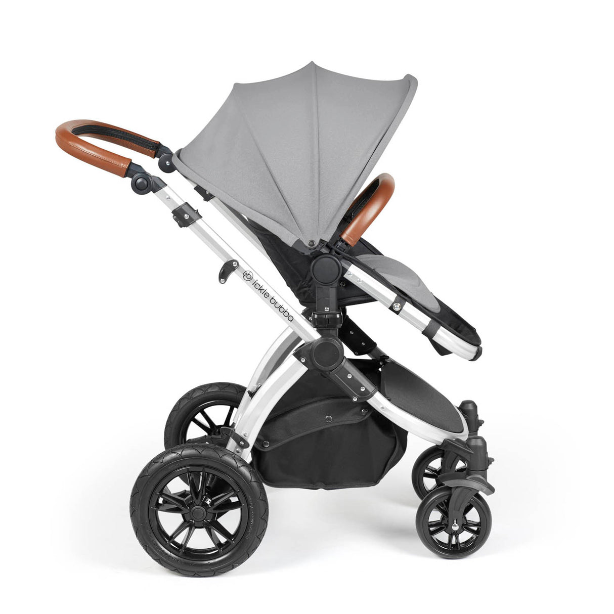 Ickle Bubba Stomp Luxe 12 Piece Travel System with i-Size Nimbus Car Seat & Spin Base - Silver/Pearl Grey/Tan