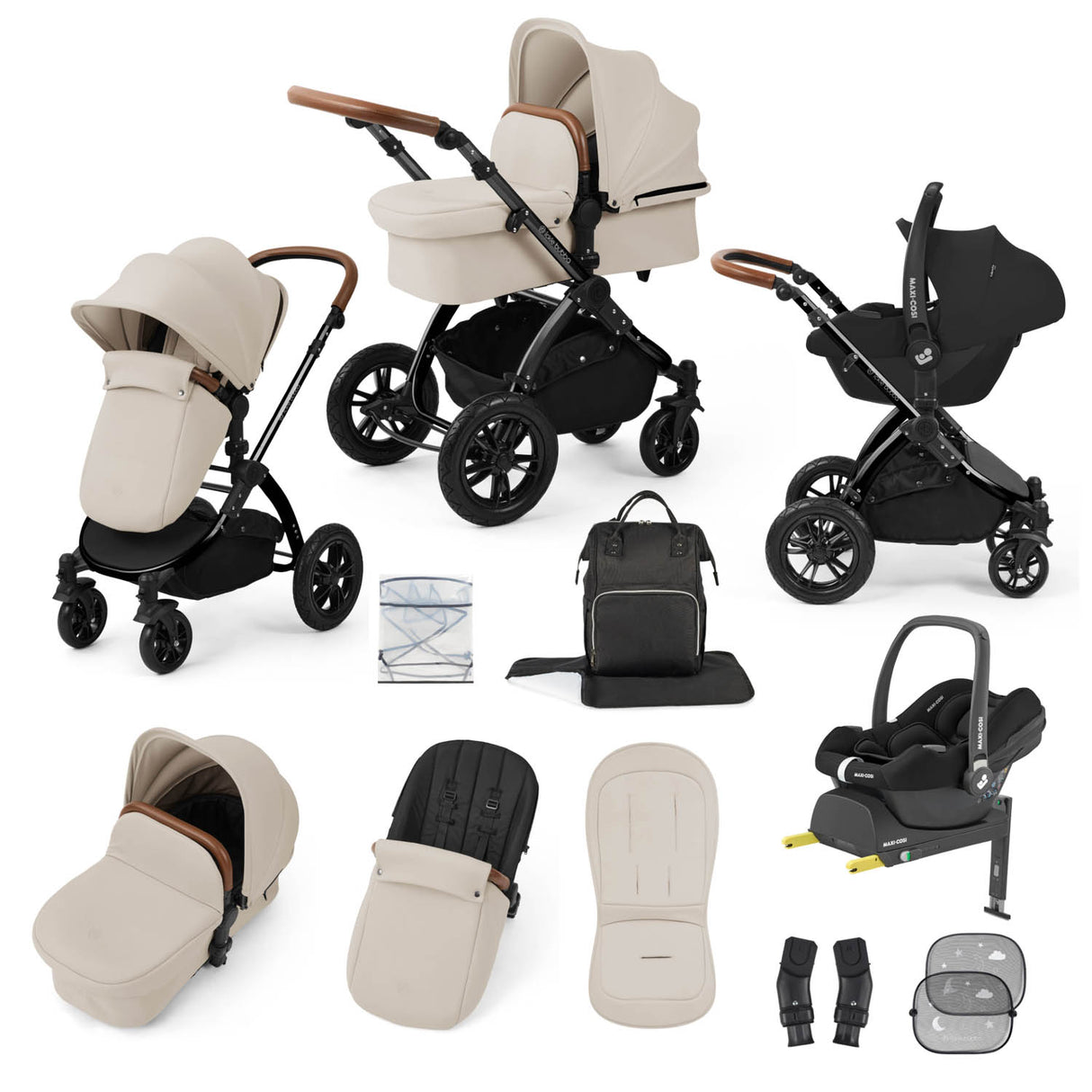 Ickle Bubba Stomp Luxe 12 Piece Travel System with Maxi-Cosi Cabriofix i-Size & Base - Black/Stone/Tan