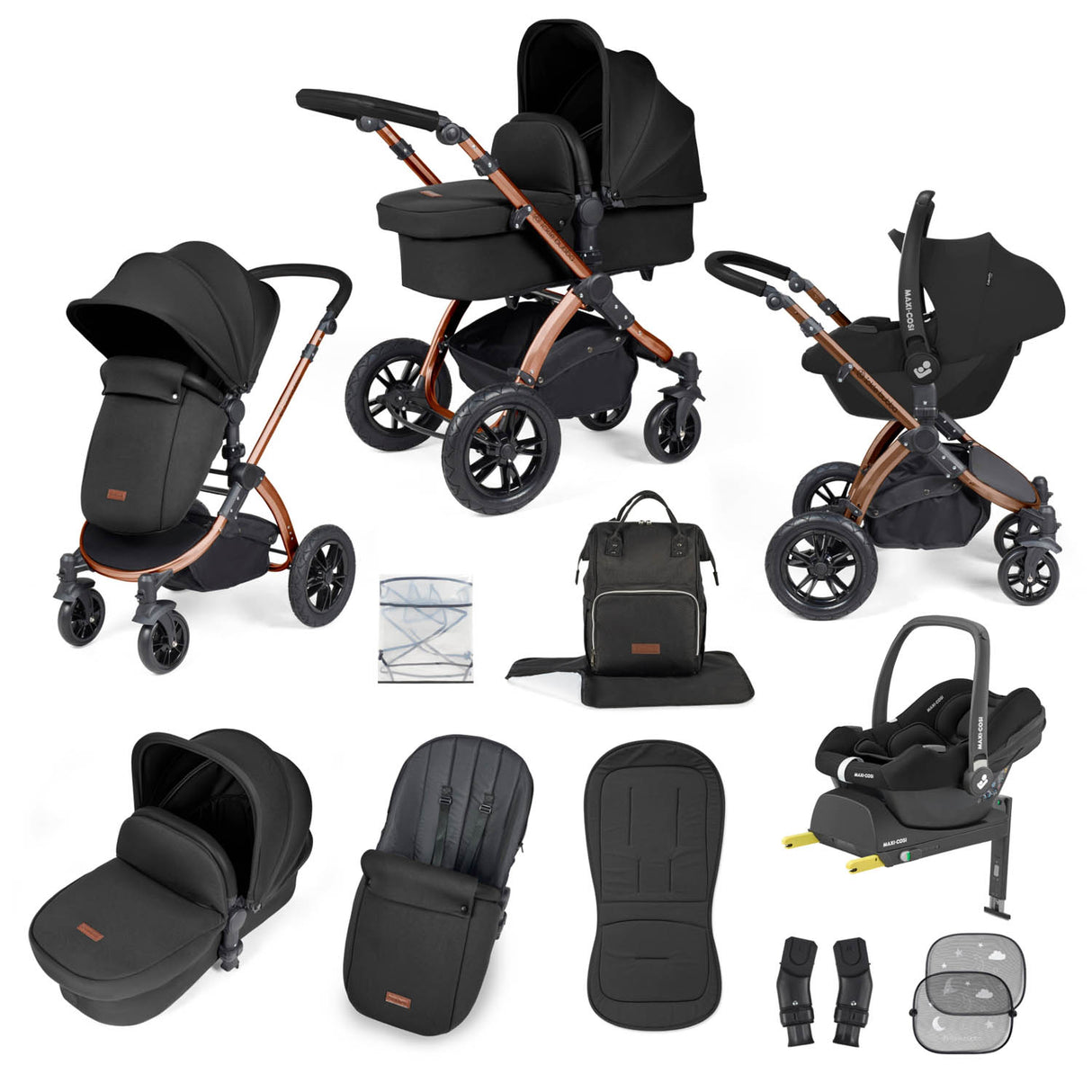 Ickle Bubba Stomp Luxe 12 Piece Travel System with Maxi-Cosi Cabriofix i-Size & Base - Bronze/Midnight/Black