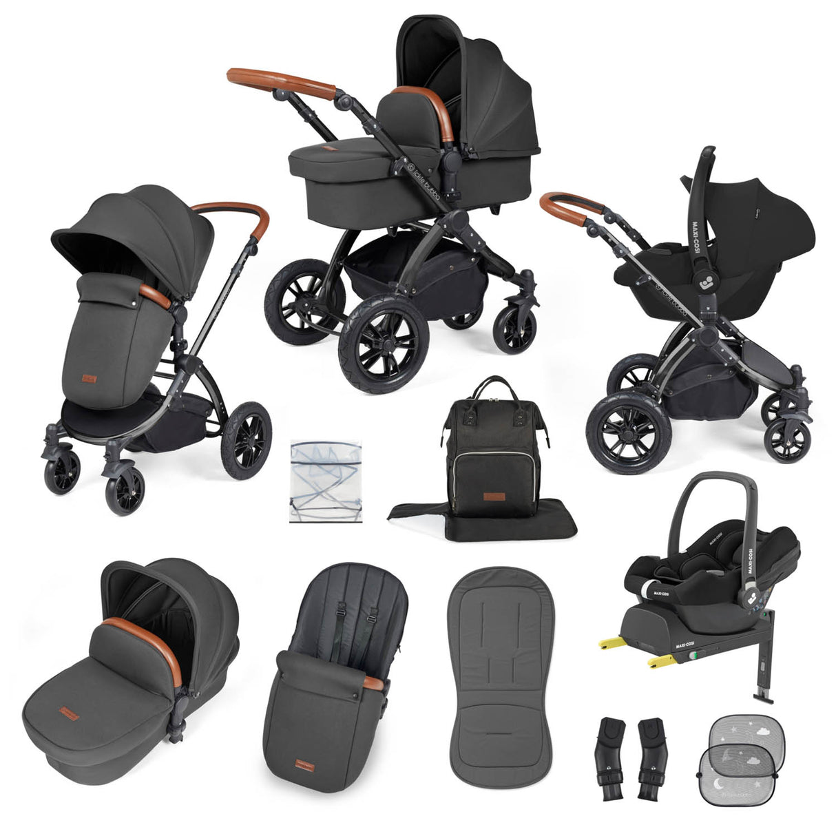 Ickle Bubba Stomp Luxe 12 Piece Travel System with Maxi-Cosi Cabriofix i-Size & Base - Black/Charcoal Grey/Tan