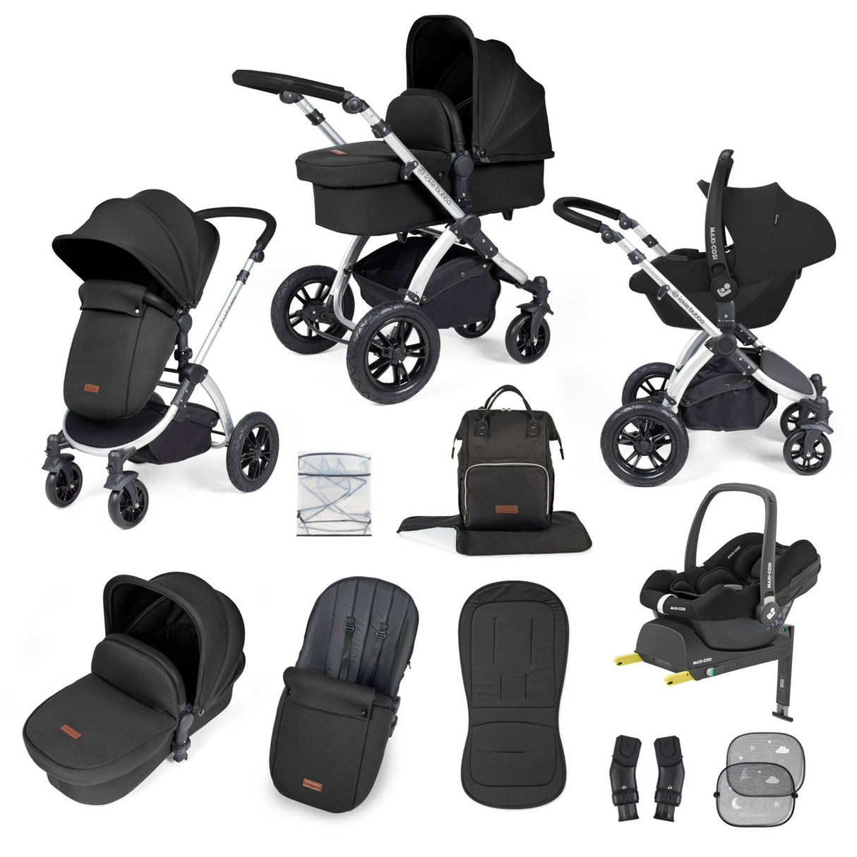 Ickle Bubba Stomp Luxe 12 Piece Travel System with Maxi-Cosi Cabriofix i-Size & Base - Silver/Midnight/Black