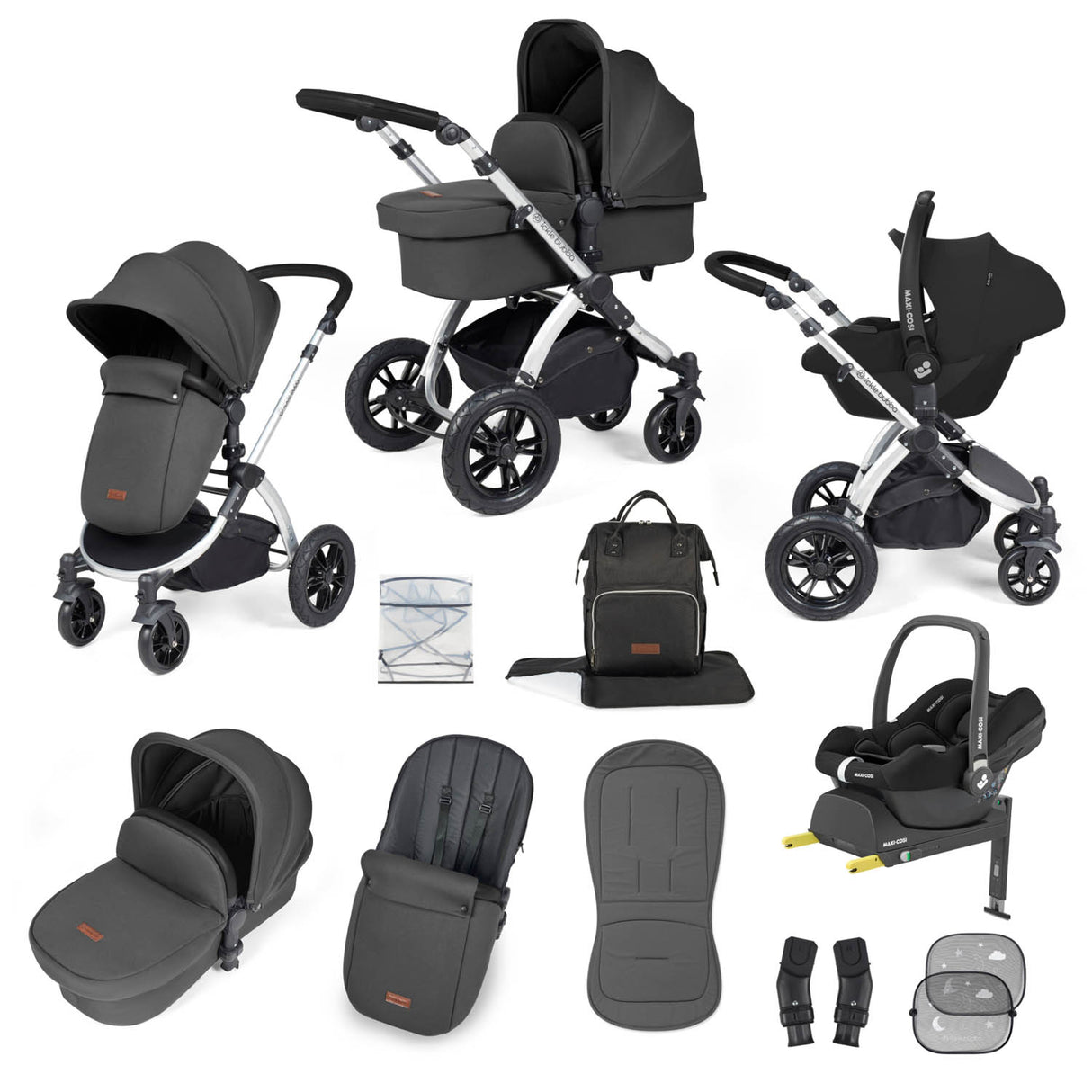 Ickle Bubba Stomp Luxe 12 Piece Travel System with Maxi-Cosi Cabriofix i-Size & Base - Silver/Charcoal Grey/Black