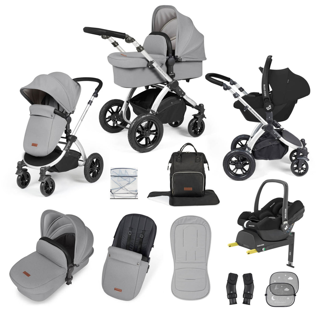 Ickle Bubba Stomp Luxe 12 Piece Travel System with Maxi-Cosi Cabriofix i-Size & Base - Silver/Pearl Grey/Black