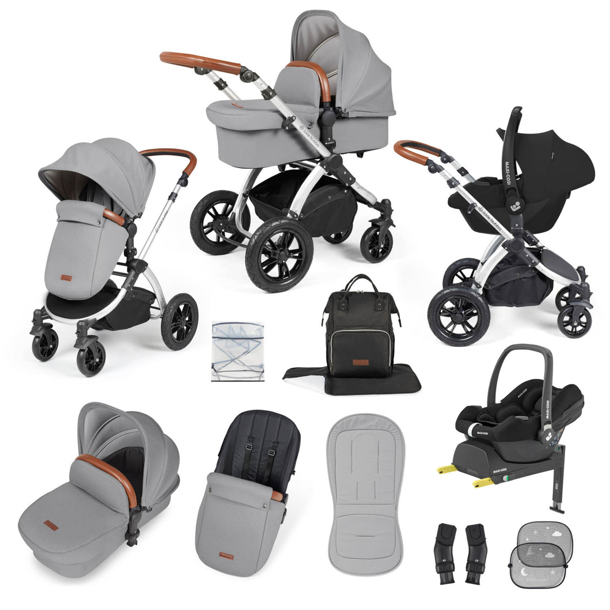 Ickle Bubba Stomp Luxe 12 Piece Travel System with Maxi-Cosi Cabriofix i-Size & Base - Silver/Pearl Grey/Tan