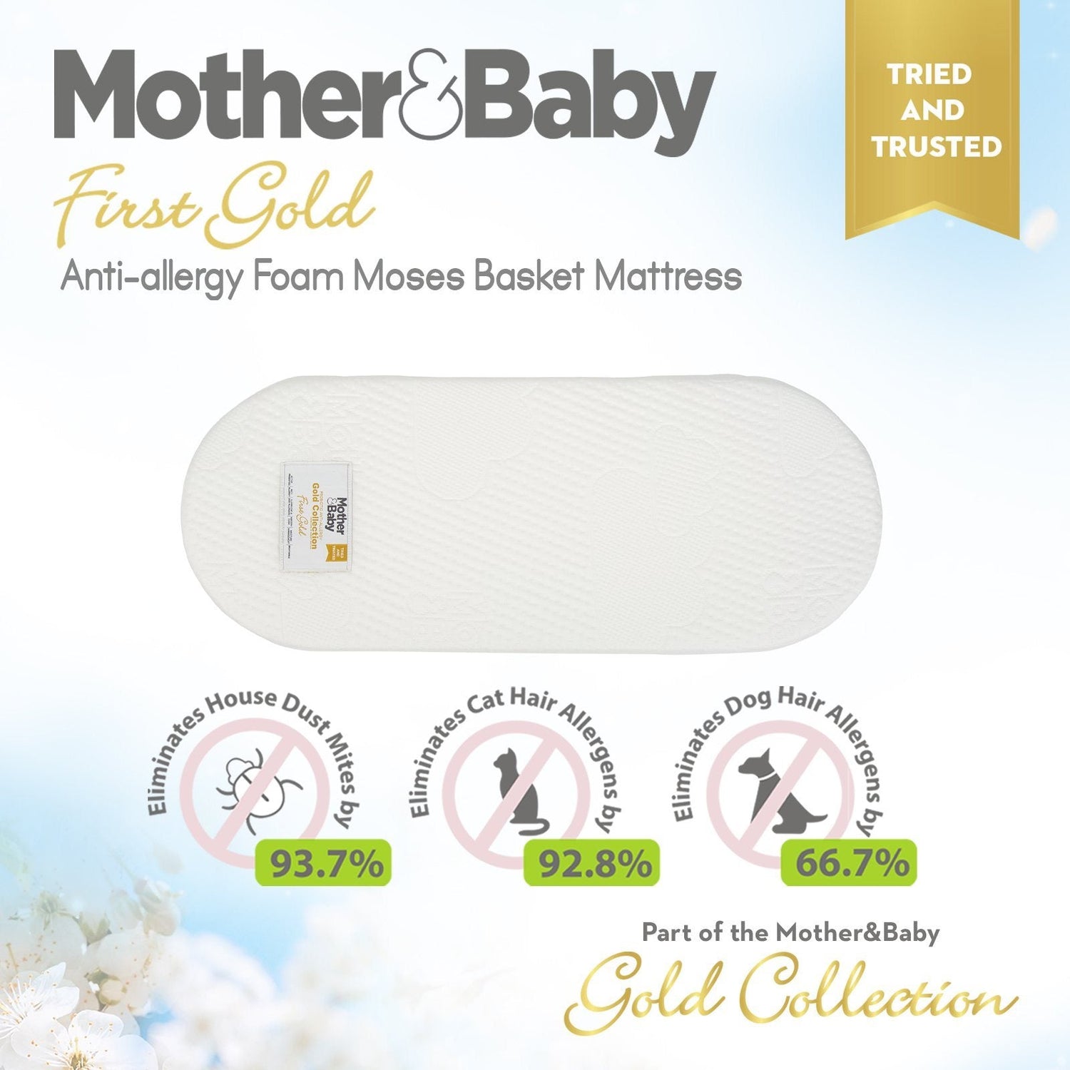 Mother&Baby First Gold Anti-Allergy Foam Moses Basket Mattress Large 75 x 28cm