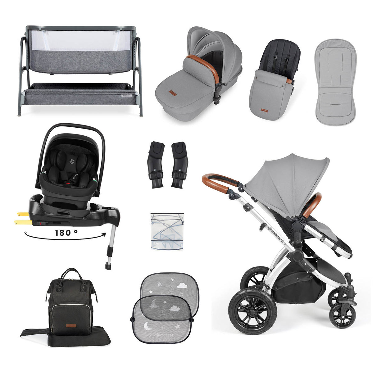 Ickle Bubba Stomp Luxe 14 Piece Nimbus 180° Spin Travel & Home Bundle - Silver/Pearl Grey/Tan