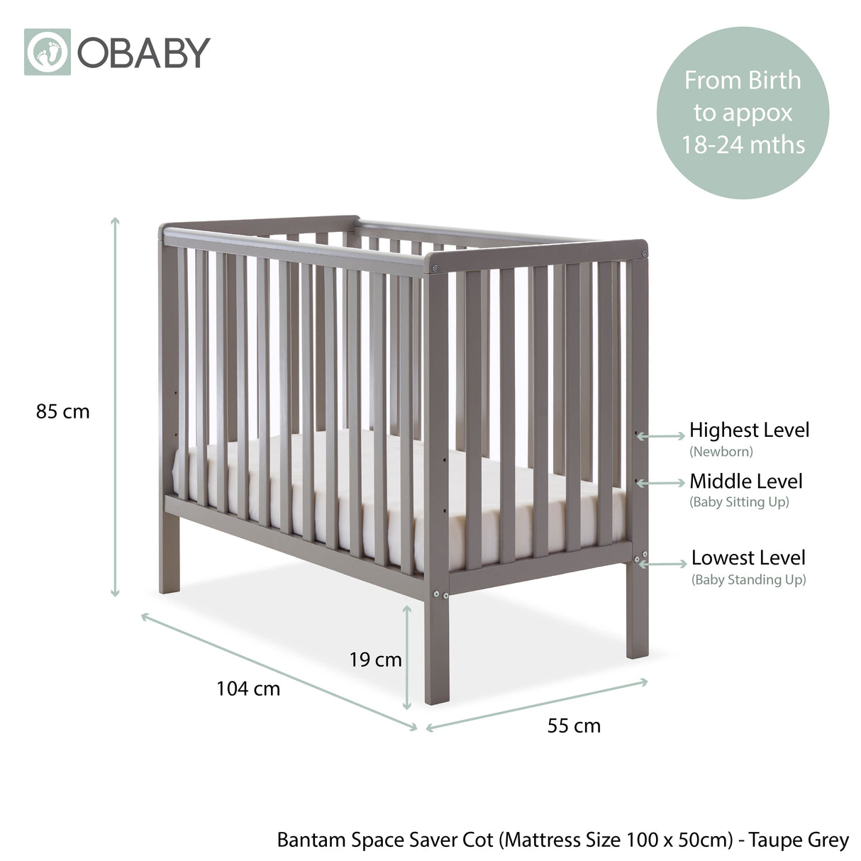 Obaby Bantam Space Saver Cot - Taupe Grey