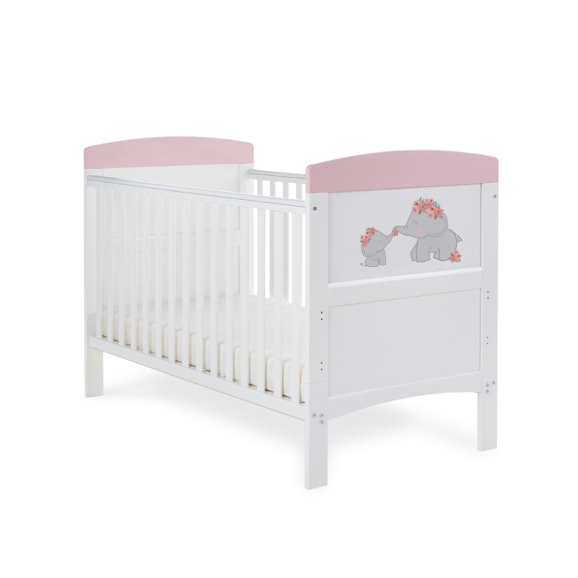 Obaby Grace Inspire Cot Bed & Fibre Mattress - Me & Mini Me Elephants - Pink