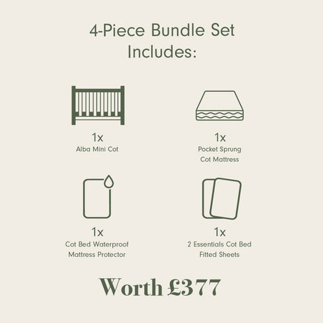 Tutti Bambini Essentials Alba Mini Cot Bed, Mattress & Bedding Bundle - White