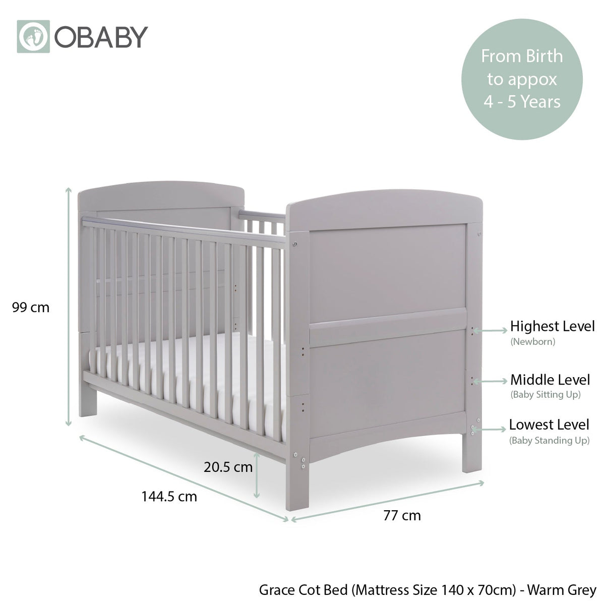 Obaby Grace Cot Bed, Cot Top Changer + Fibre Mattress - Warm Grey