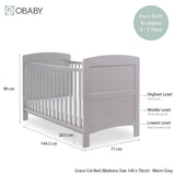 Obaby Grace Cot Bed, Cot Top Changer + Fibre Mattress - Warm Grey