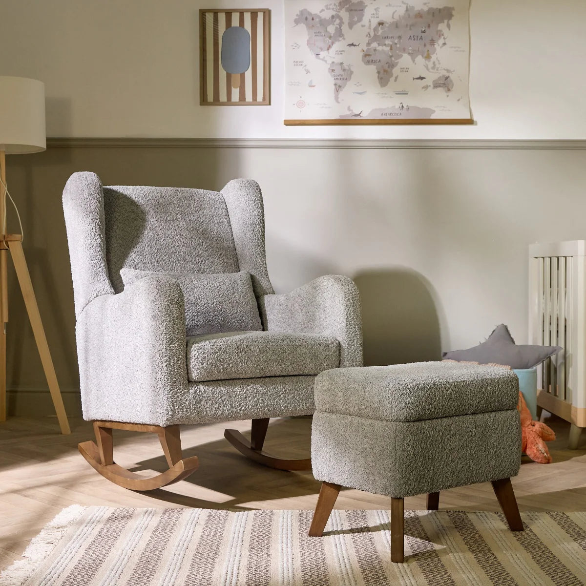 Tutti Bambini Harper Wingback Rocking Chair & Footstool - Teddy Cloud Grey