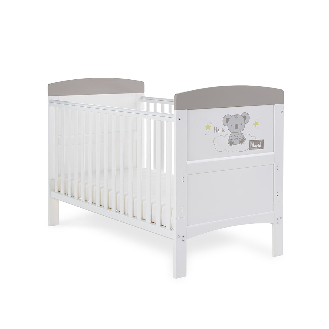 Obaby Grace Inspire Cot Bed & Fibre Mattress - Hello World Koala - Grey