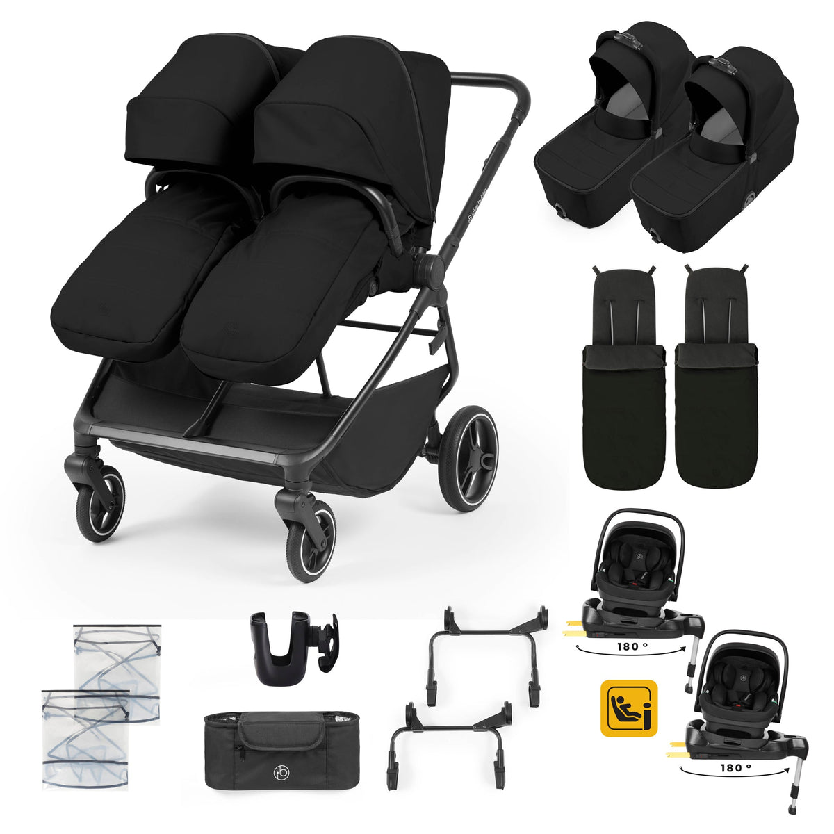 Ickle Bubba Altair Twin 17 Piece Travel System with i-Size Nimbus 180° Spin Car Seats & ISOFIX Bases - Black