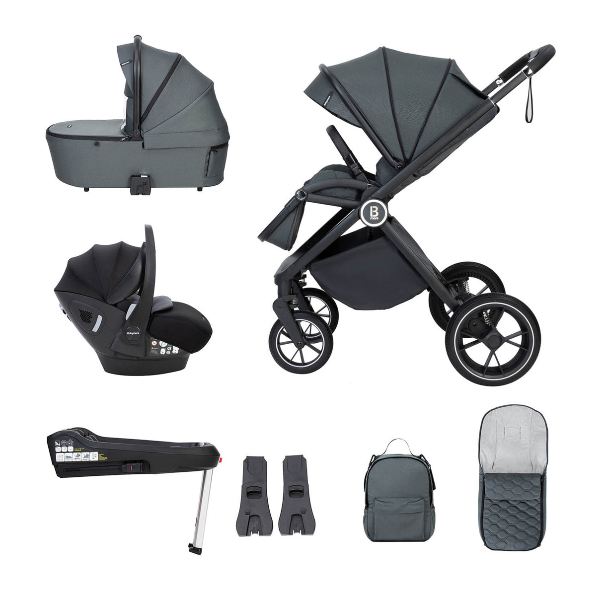 Babymore Kai Travel System + Pecan Car Seat & Base - Forest Grey