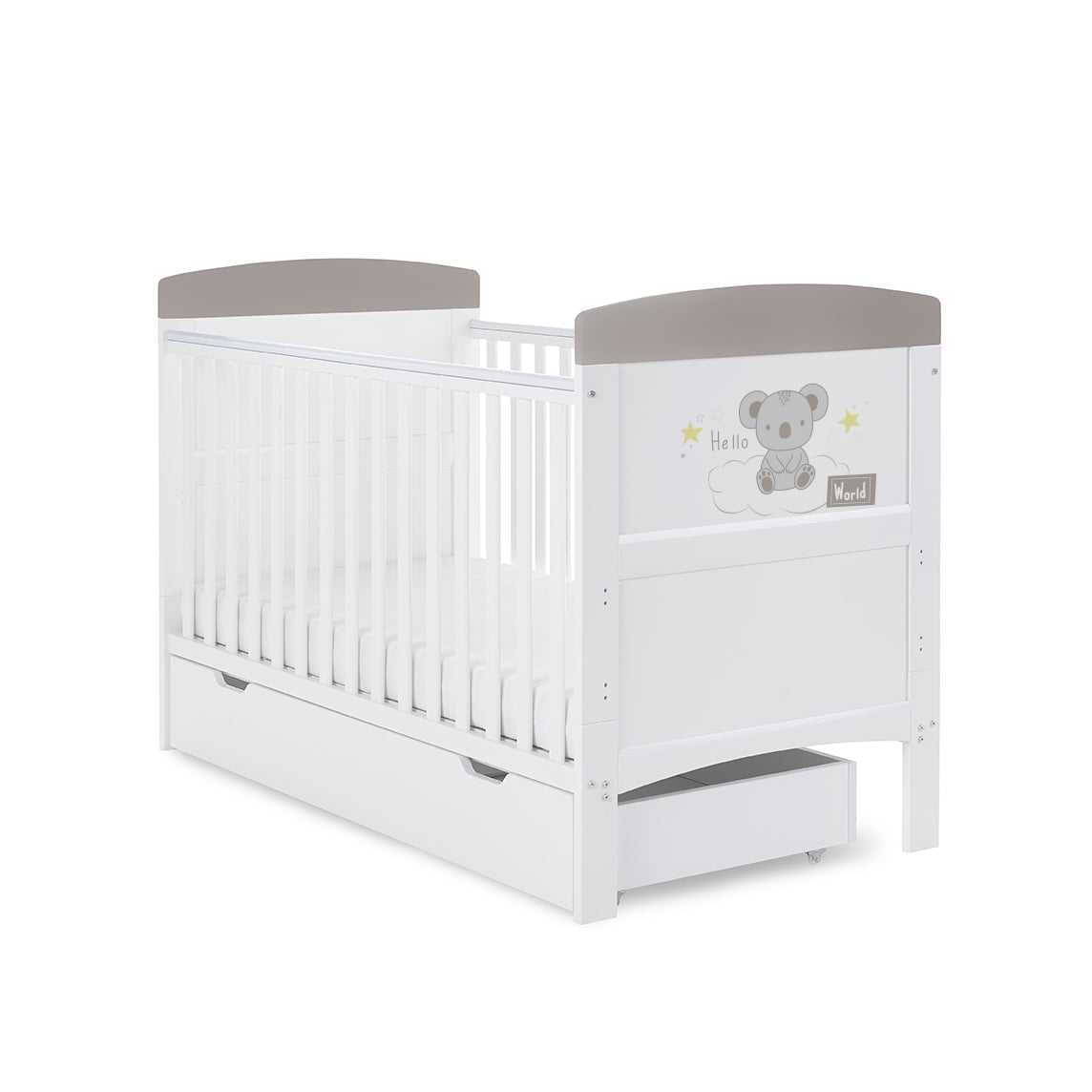 Obaby Grace Inspire Cot Bed & Underdrawer - Hello World Koala - Grey