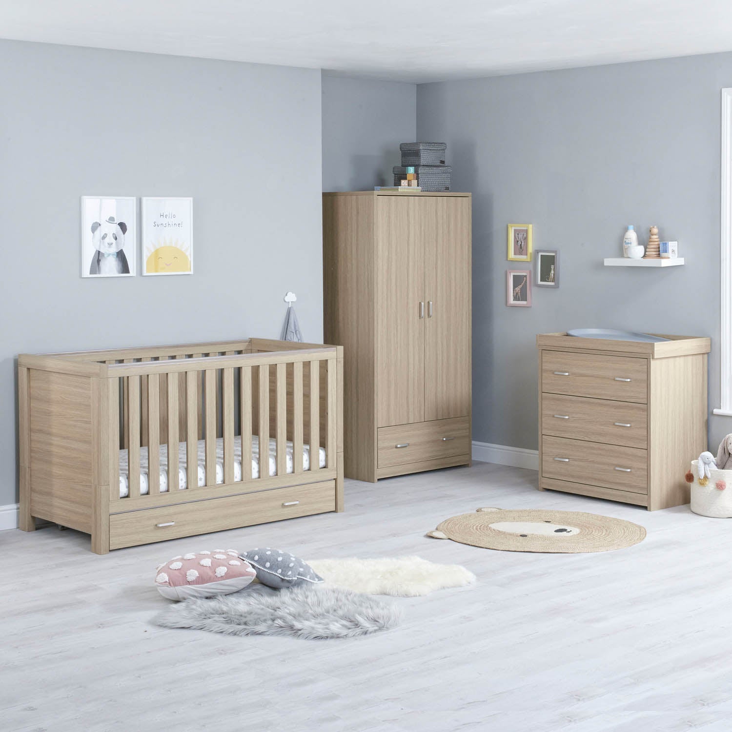 Babymore Luno 3 Piece Room Set with Drawer - Oak | Simply Baby