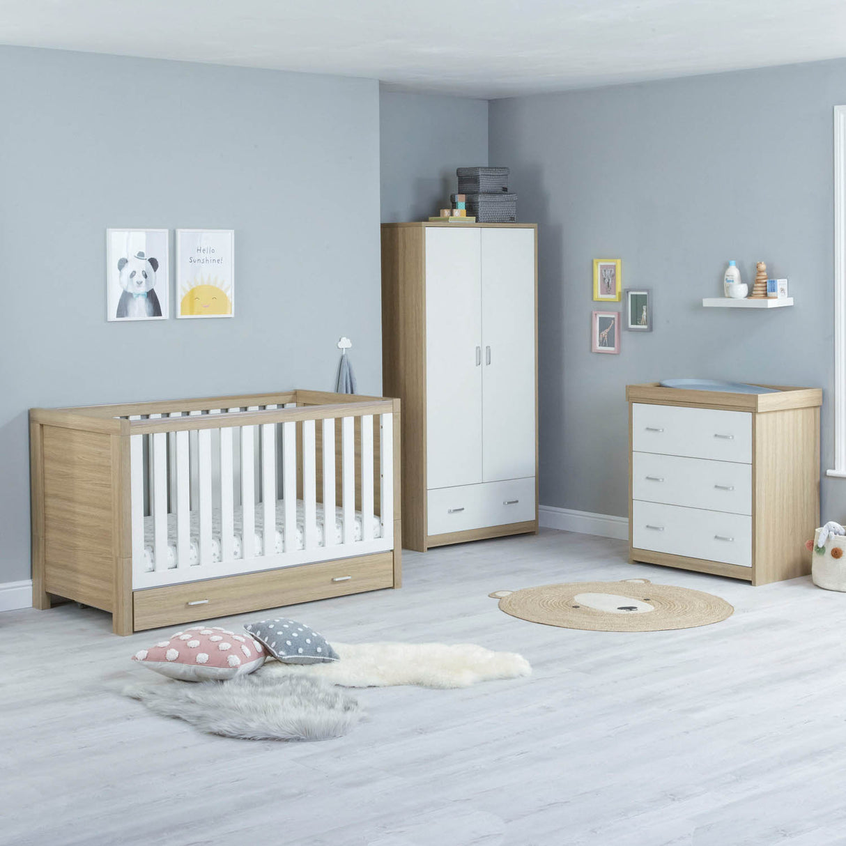 Babymore Luno 3 Piece Room Set with Drawer - Oak White