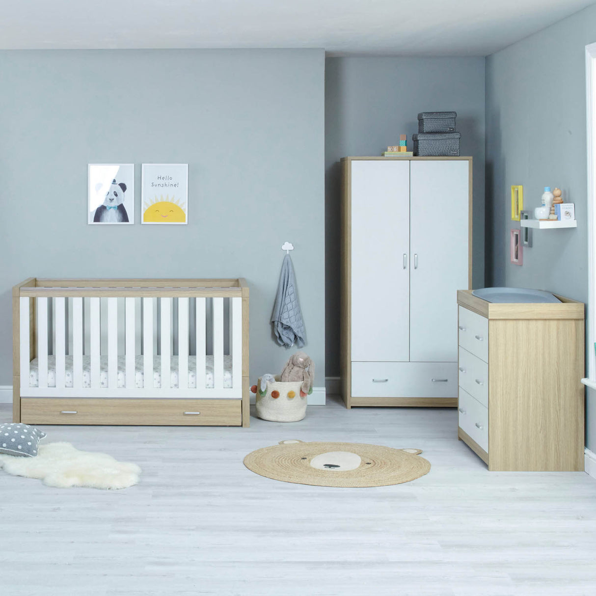 Babymore Luno 3 Piece Room Set with Drawer - Oak White