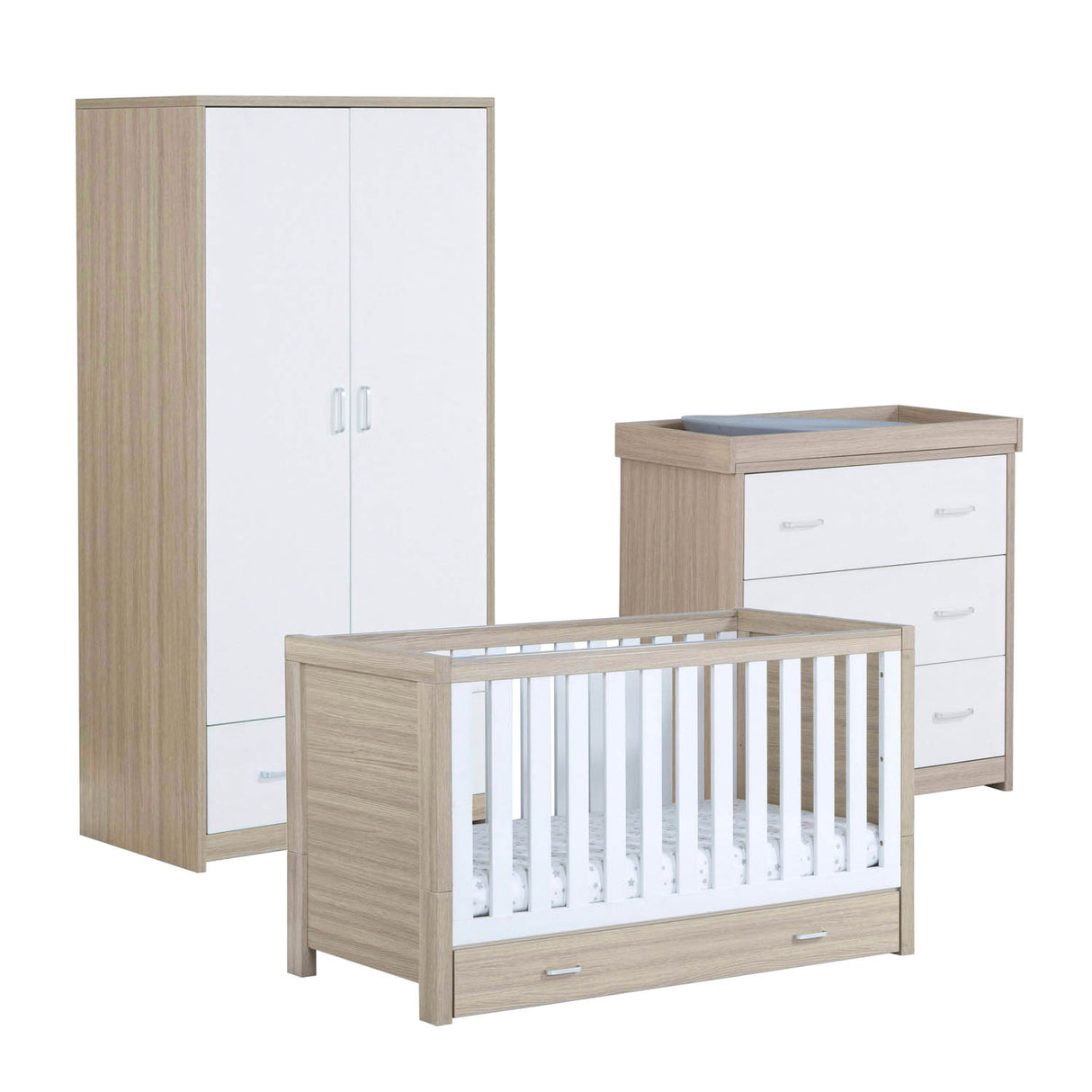Babymore Luno 3 Piece Room Set with Drawer - Oak White