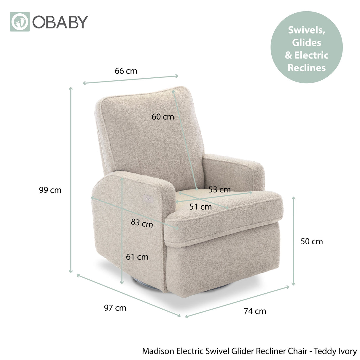 Obaby Madison Electric Swivel Glider Recliner Chair - Teddy Fabric Ivory