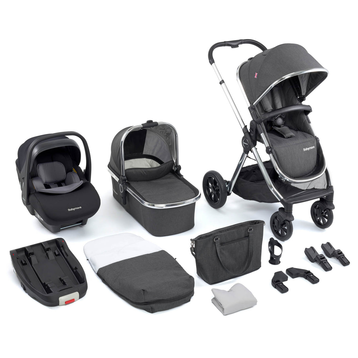 Babymore Memore V2 Travel System + Pecan Car Seat & Base - Chrome