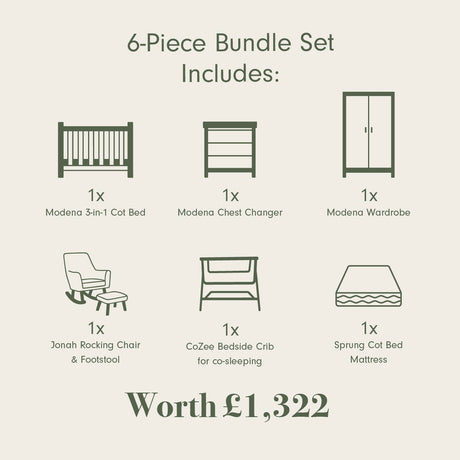 Tutti Bambini Modena Nursery Bundle With CoZee Bedside Crib (6 Piece) - Oak