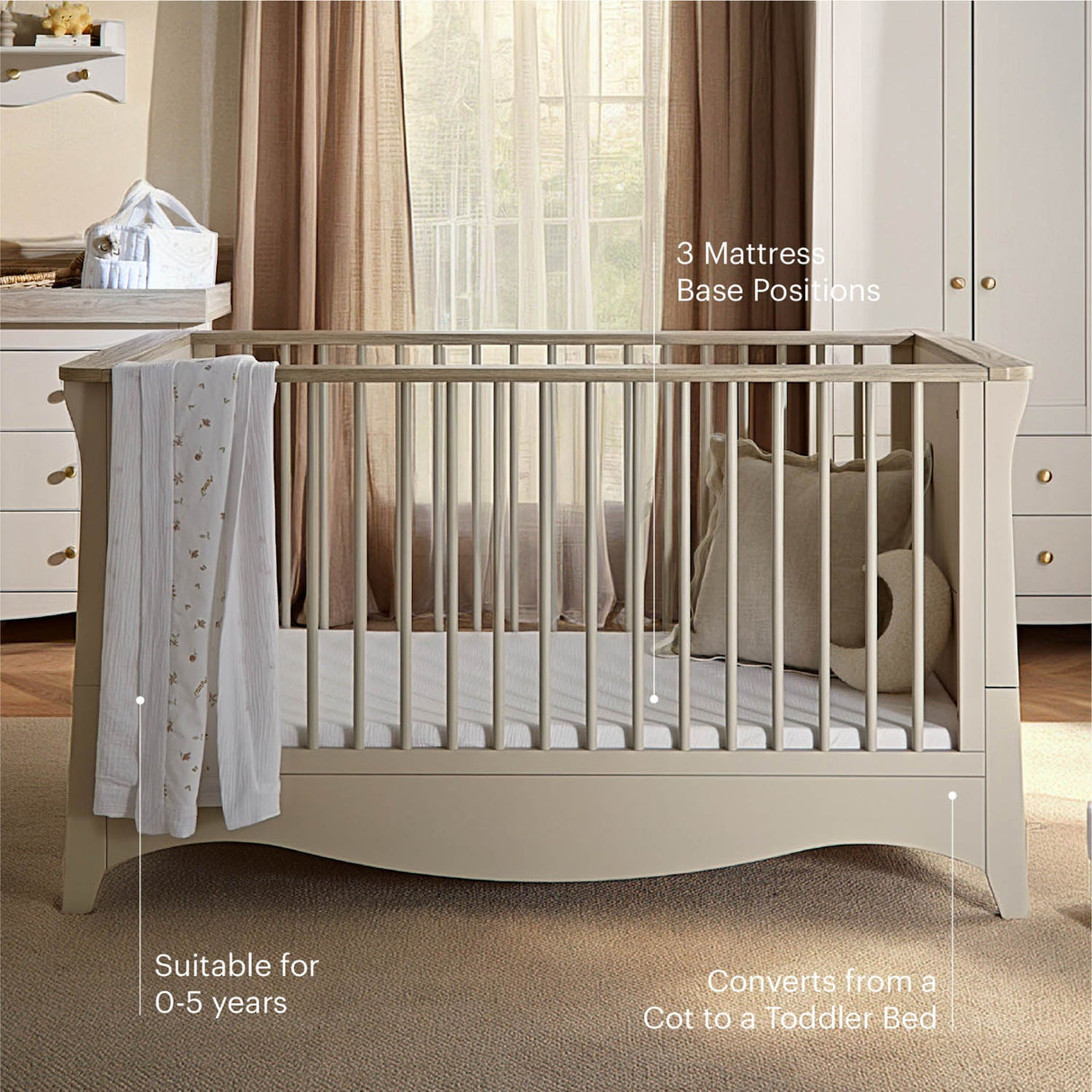CuddleCo Clara Luxe 2 Piece Nursery Furniture Set (Cot Bed & Dresser) - Cashmere & Ash