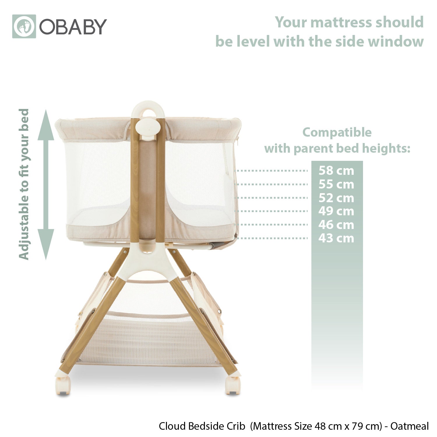 Obaby Cloud Bedside Crib + 2 White Crib Fitted Sheets Bundle - Oatmeal