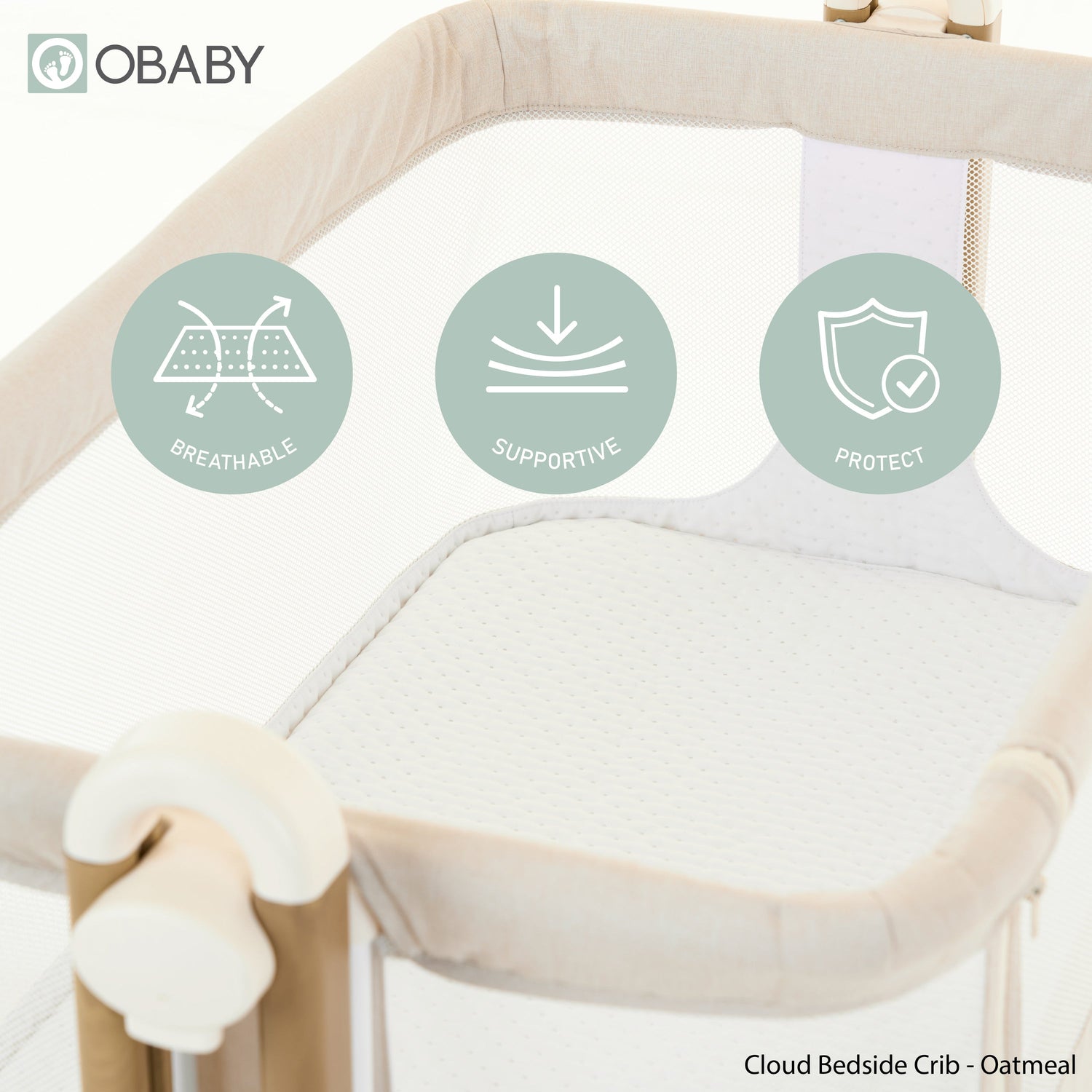 Obaby Cloud Bedside Crib + 2 White Crib Fitted Sheets Bundle - Oatmeal
