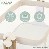 Obaby Cloud Bedside Crib + 2 White Crib Fitted Sheets Bundle - Oatmeal