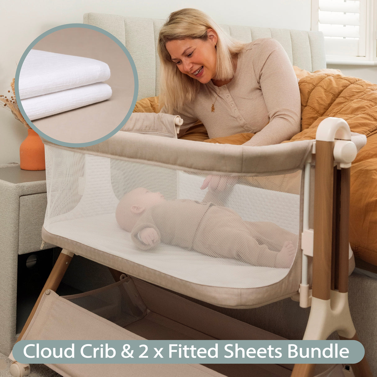 Obaby Cloud Bedside Crib + 2 White Crib Fitted Sheets Bundle - Oatmeal