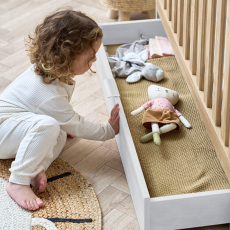 Tutti Bambini Riley Mini Cot Bed with Drawer - White & Maple Oak