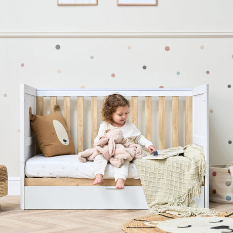 Tutti Bambini Riley Mini Cot Bed with Drawer - White & Maple Oak
