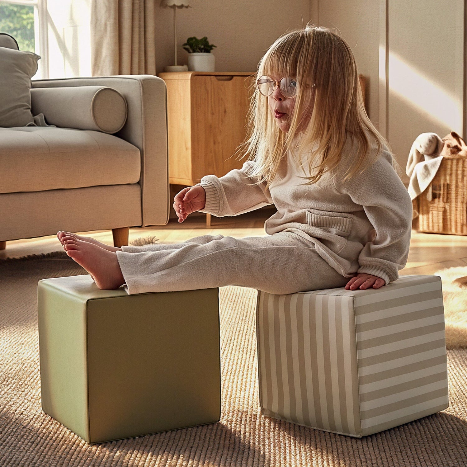 CuddleCo Soft Play Cubes 2 Piece - Cookie Stripe & Olive