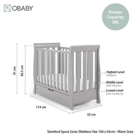 Obaby Stamford Space Saver Sleigh Cot - Warm Grey