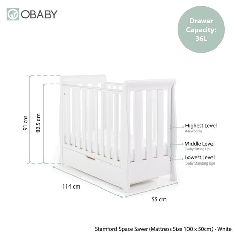 Obaby Stamford Space Saver Sleigh Cot & Cot Top Changer - White