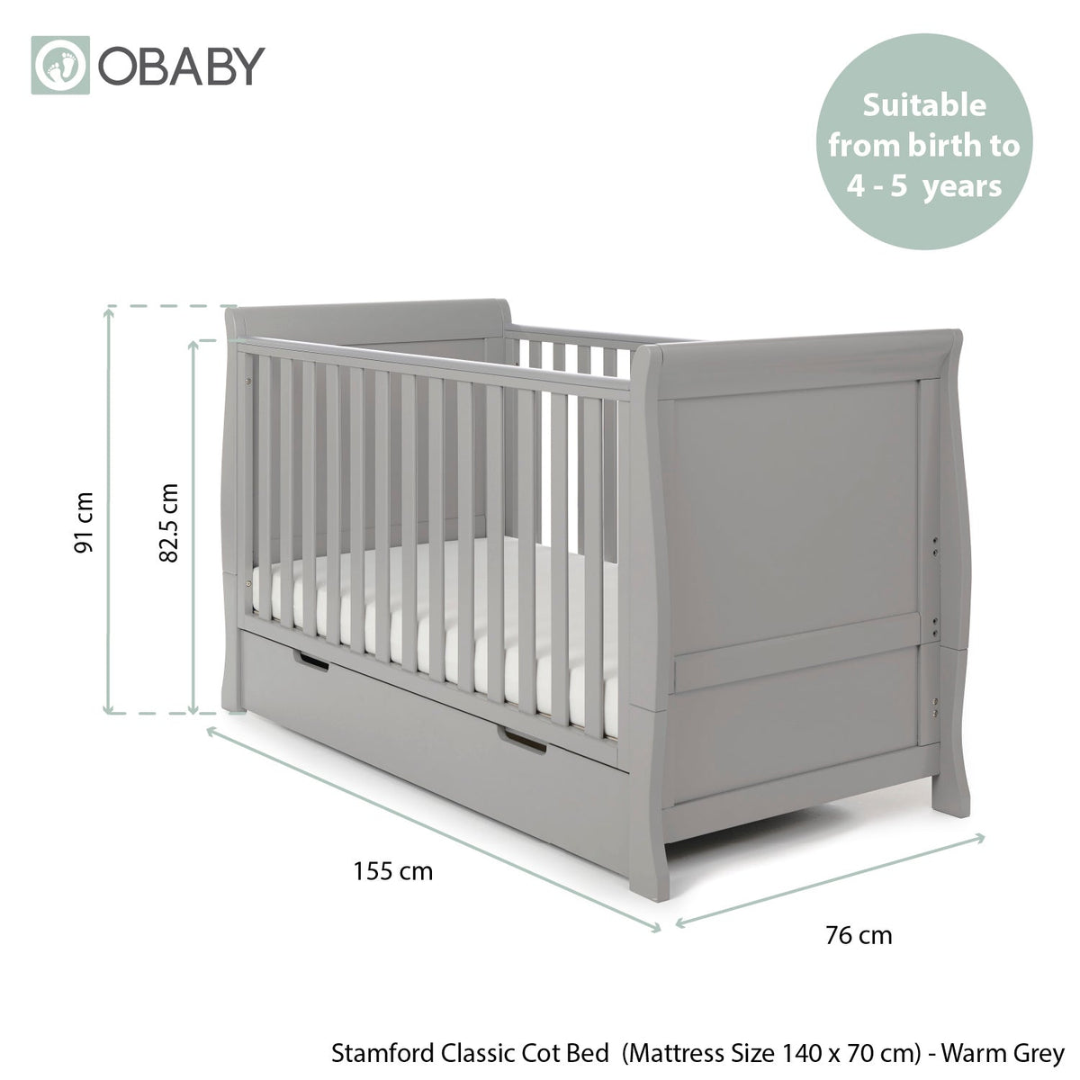 Obaby Stamford Classic Sleigh 3 Piece Room Set - Warm Grey