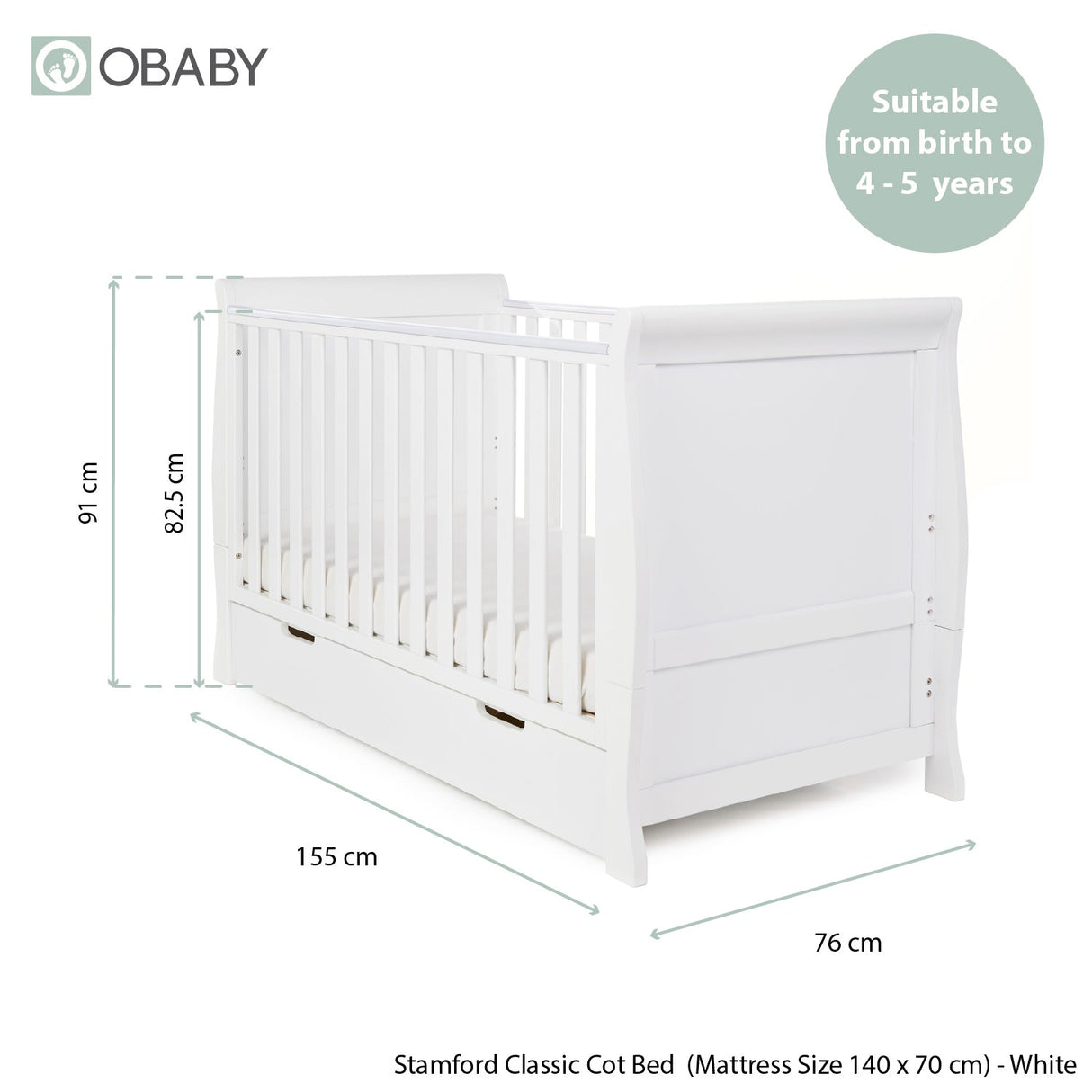 Obaby Stamford Classic Sleigh Cot Bed - White