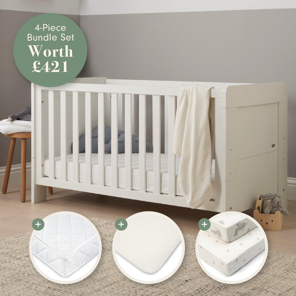 Tutti Bambini Supreme Alba Cot Bed, Mattress & Bedding Bundle - White